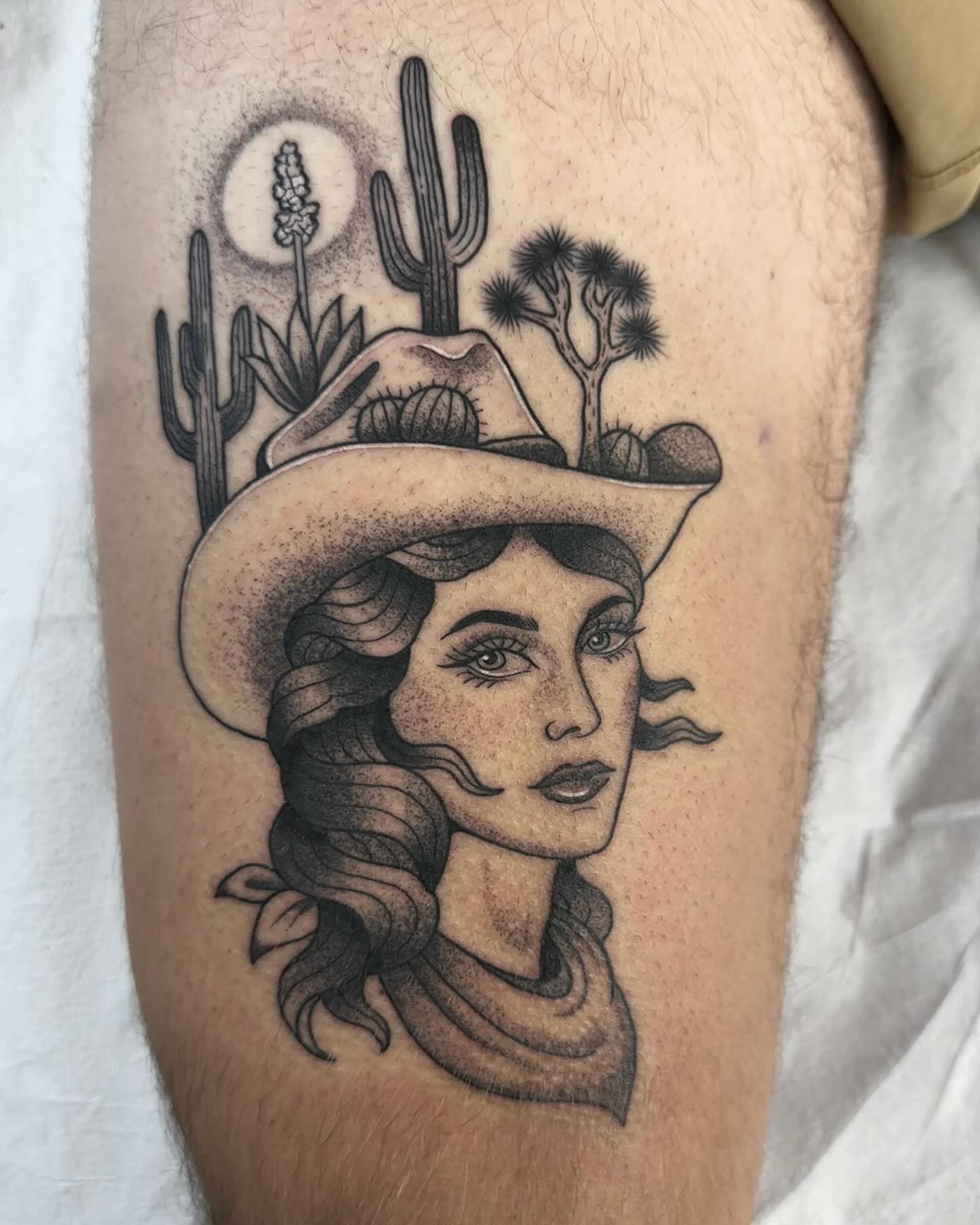 Desert woman dotwork tattoo on the thigh by Sierra Hiddleson- Phoenix Arizona Tattoo