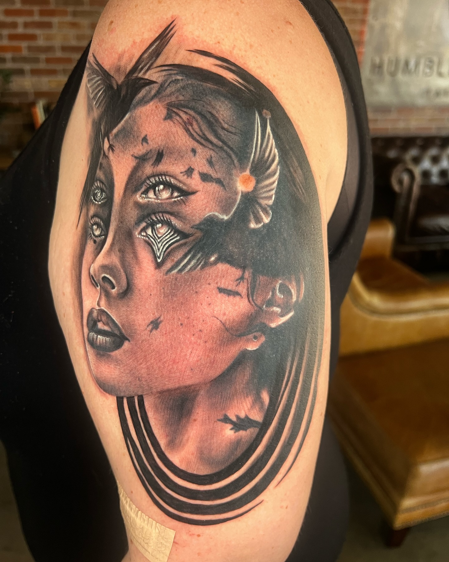 Woman's face realism tattoo on the shoulder by πππππ βππ£π£ππ€ππ , Tucson, Arizona