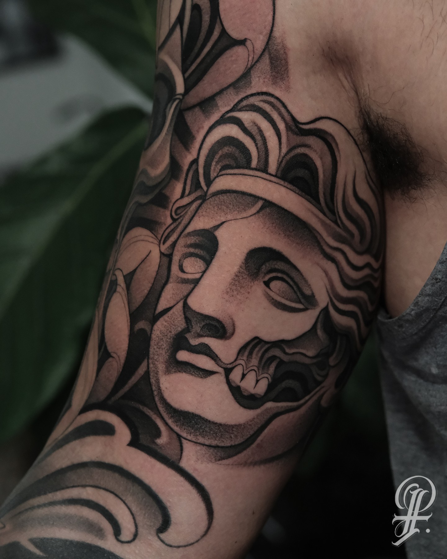 Mask black and grey tattoo on the forearm by ๐ฃ๐๐๐ ๐๐ ๐ฆ๐๐๐ฉ๐