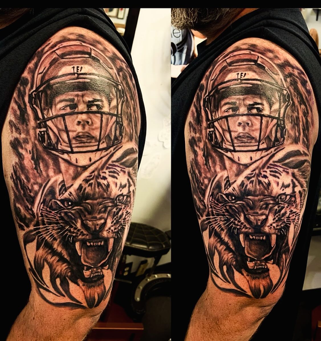 Football player and tiger realism tattoo on the upper arm by Tattoosbybeanz