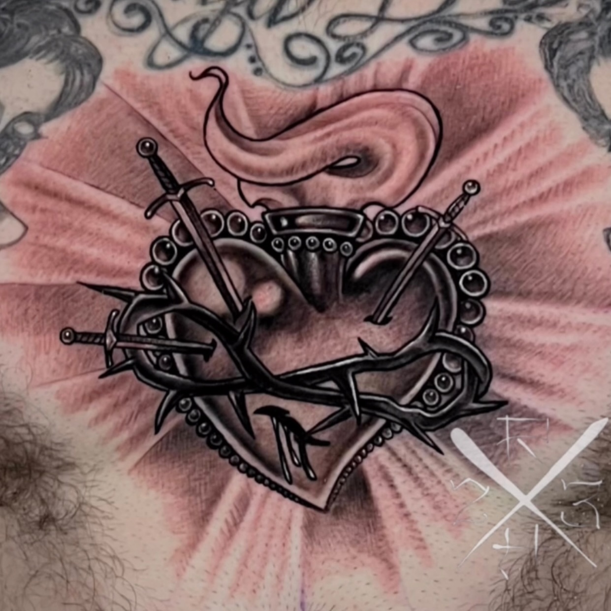 Heart with crown and swords dark realism tattoo on the chest by Ryan