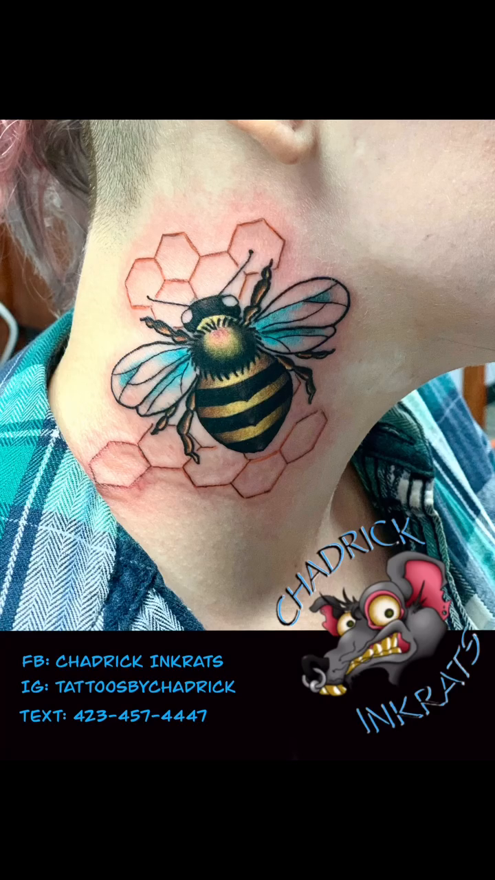 Bee with honeycomb tattoo on the chest by Chadrick Gregory