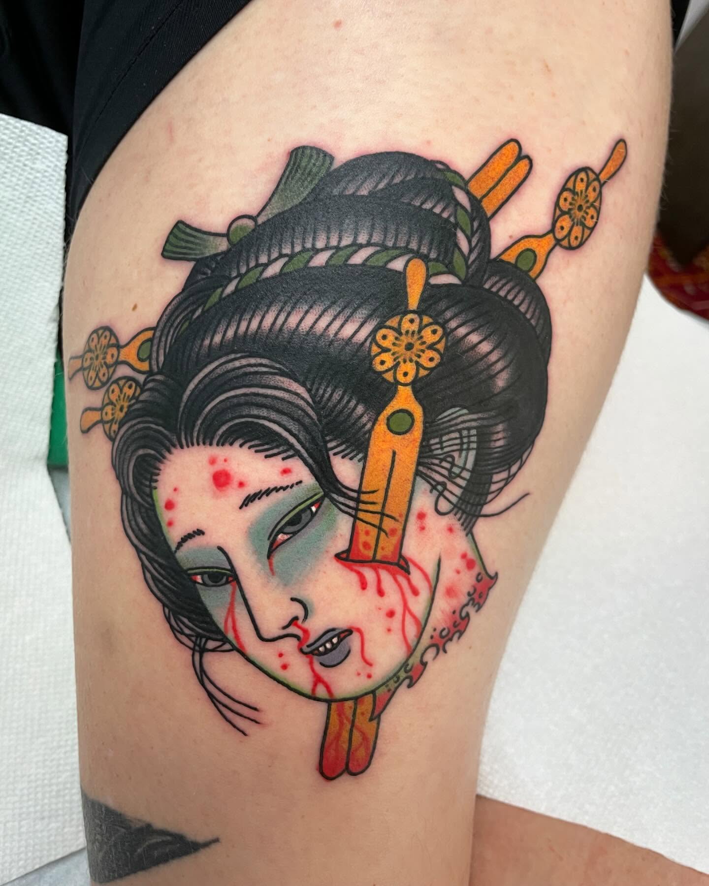 Geisha American traditional tattoo on the thigh by derrick b. π² Modern Traditional Tattoo