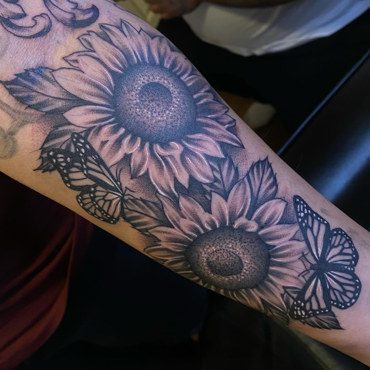 Sunflower and butterfly dotwork tattoo on the forearm by π²πππππππ β‘οΈ