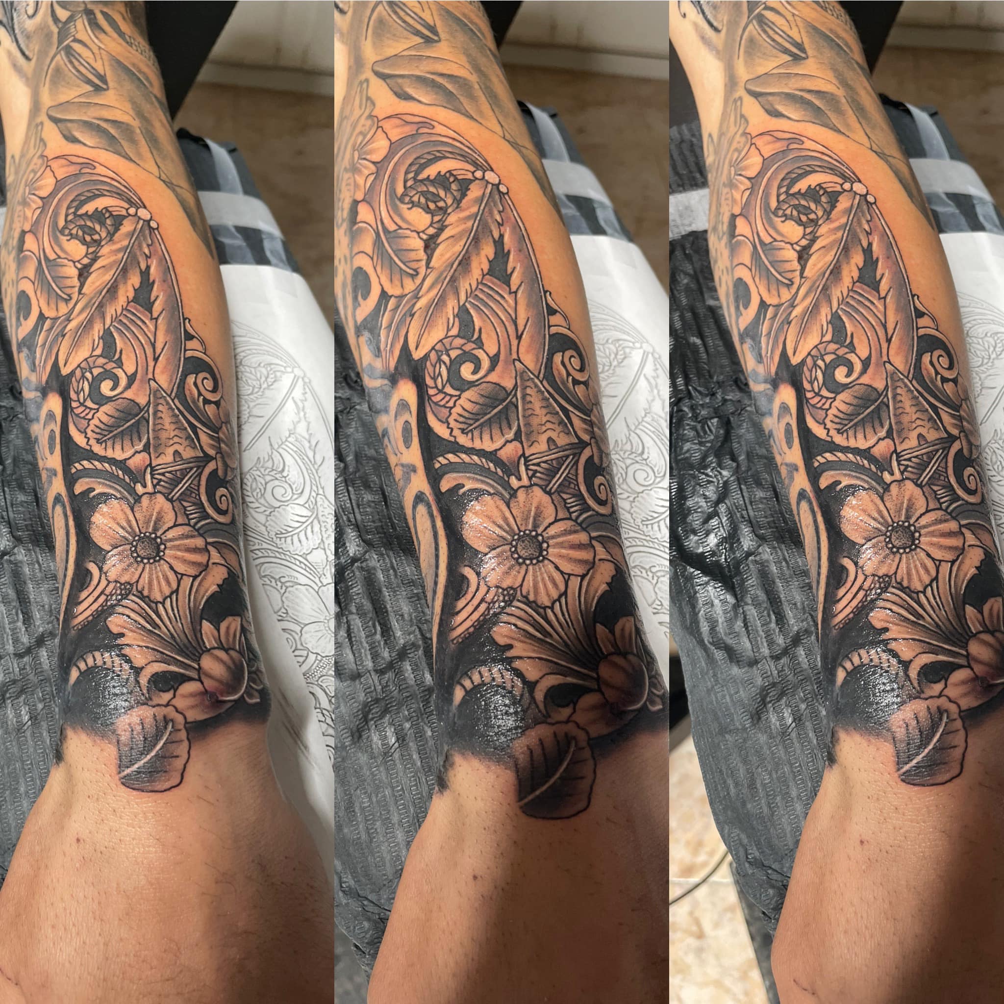 Floral design ornamental tattoo on the forearm by Bryant Ramirez