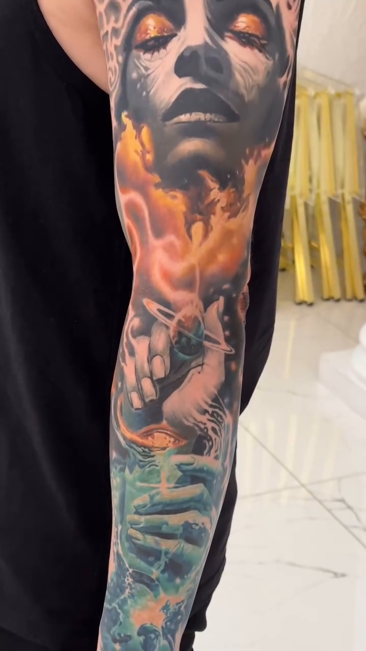 Woman's face with cosmic elements realism tattoo by Jacob Sheffield, Grand Junction, Colorado