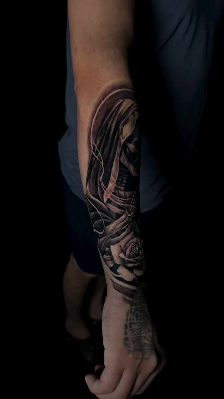 Grim reaper and rose sleeve dark realism tattoo by Brayan Molina