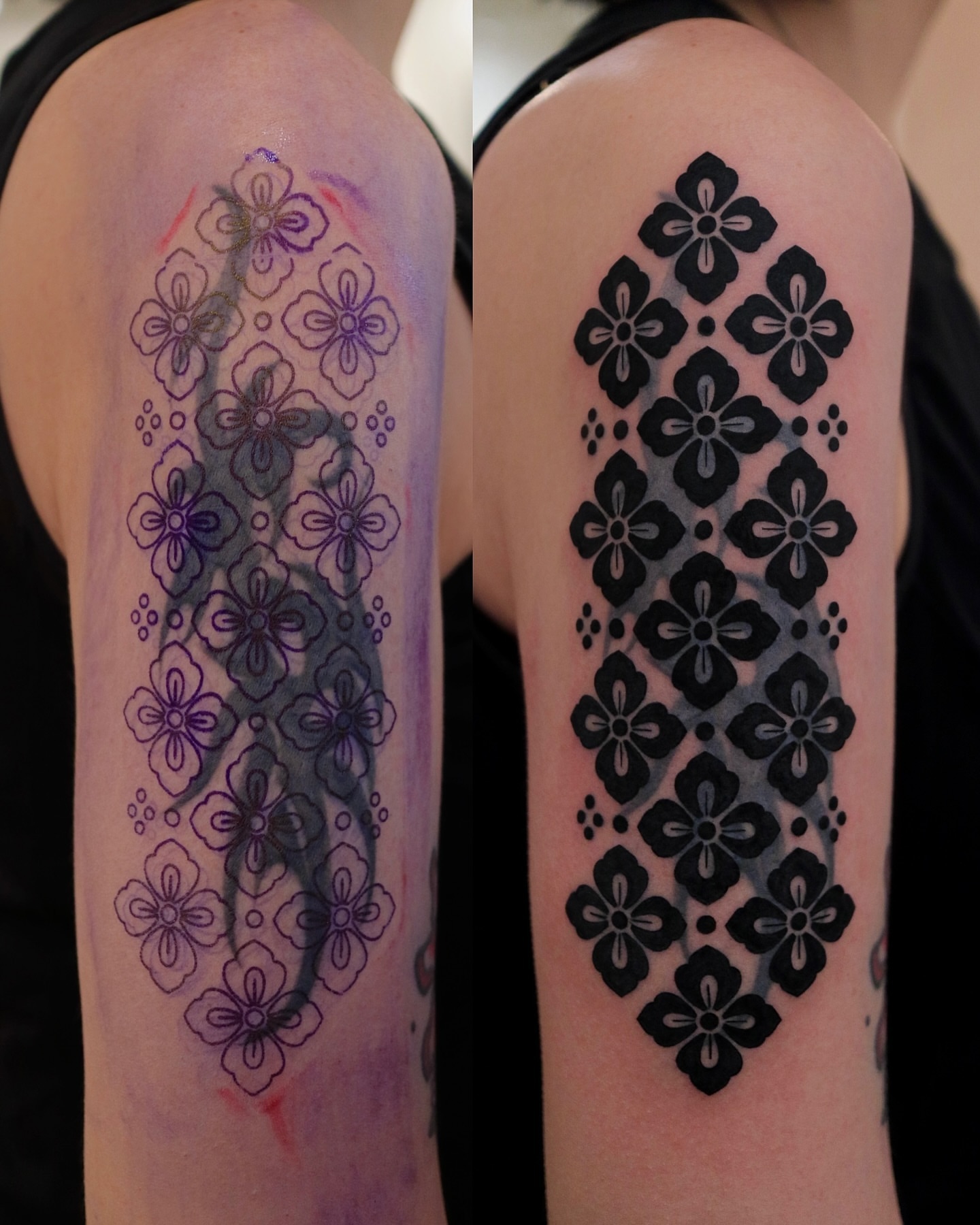 Floral pattern geometric tattoo on the upper arm by Seoul tattoo