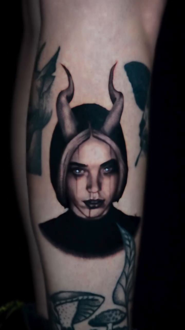 Woman with horns realism tattoo by Jesse Reip, Lakewood, Ohio
