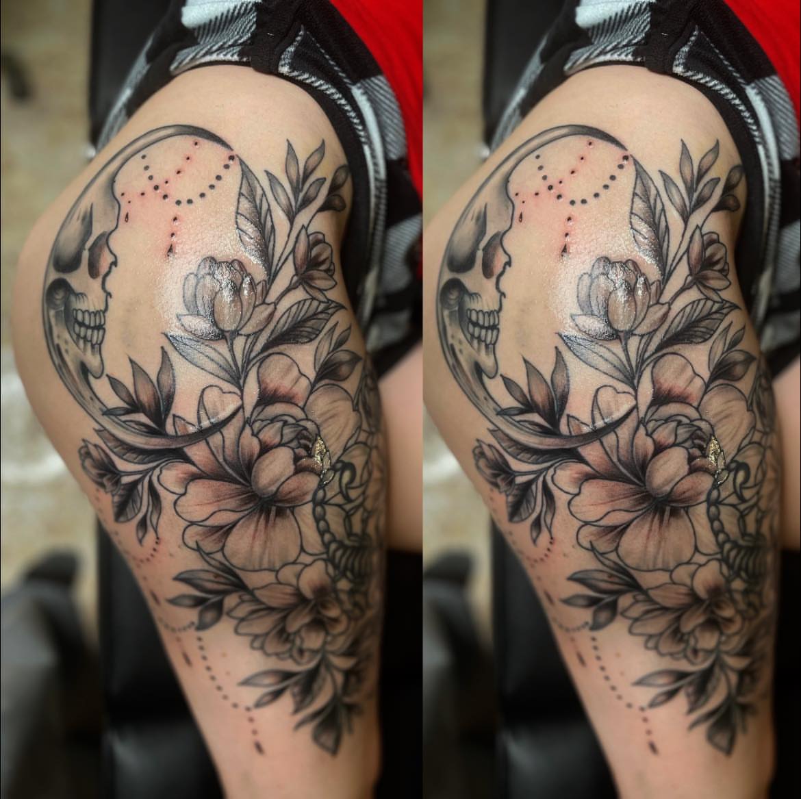 Skull and floral bouquet dotwork tattoo on the thigh by Bryant Ramirez
