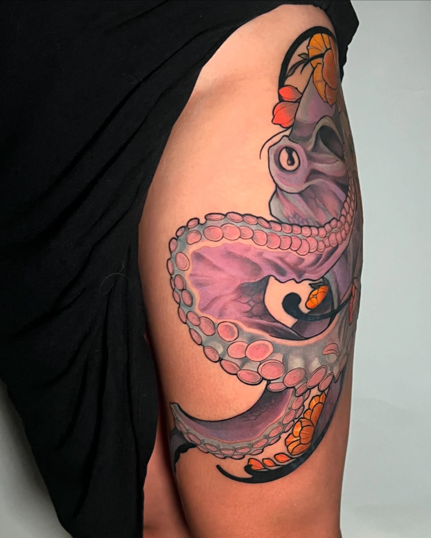 Octopus skull realism tattoo on the thigh by Joshua Weeks