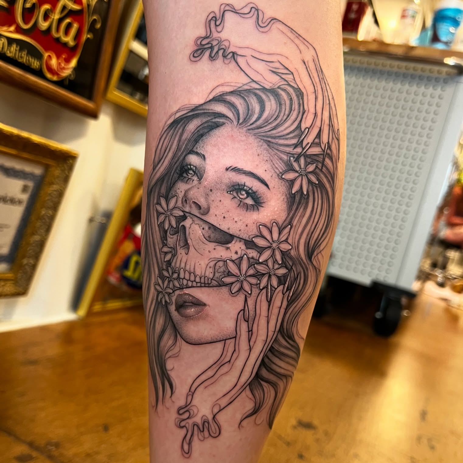 Woman with skull dotwork tattoo on the forearm by ✨ Jaden Belle Tattoos ✨