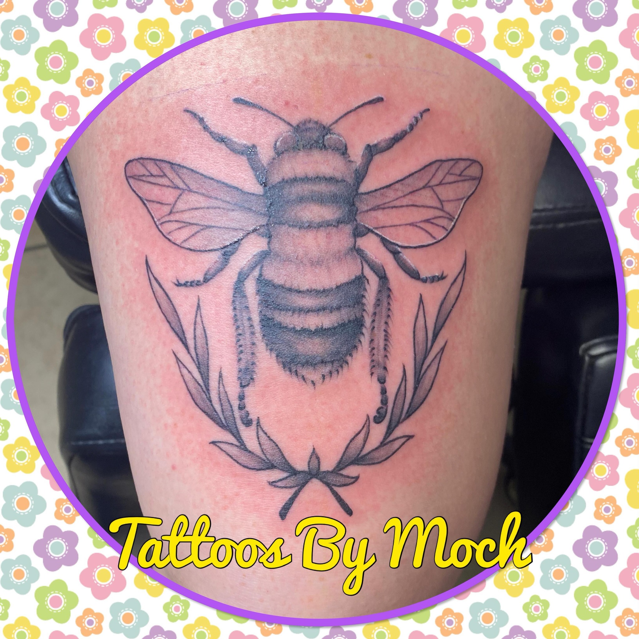 Bee realism tattoo on the thigh by Tattoos By Moch, Toledo, Ohio