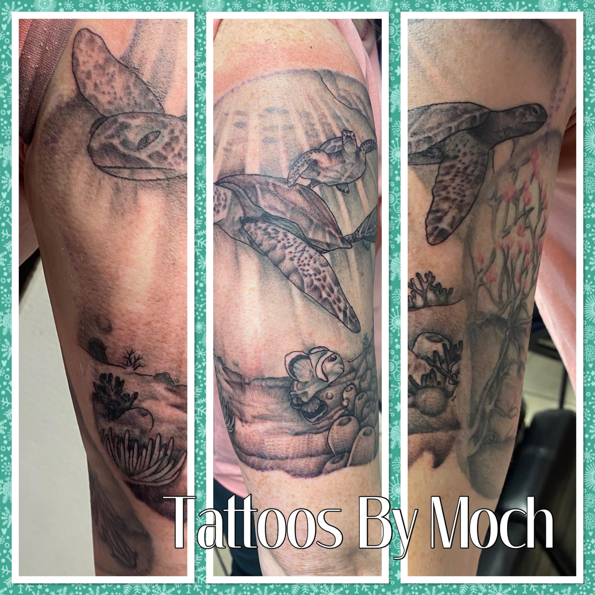 Sea turtle and coral reef realism tattoo on the forearm by Tattoos By Moch, Toledo, Ohio