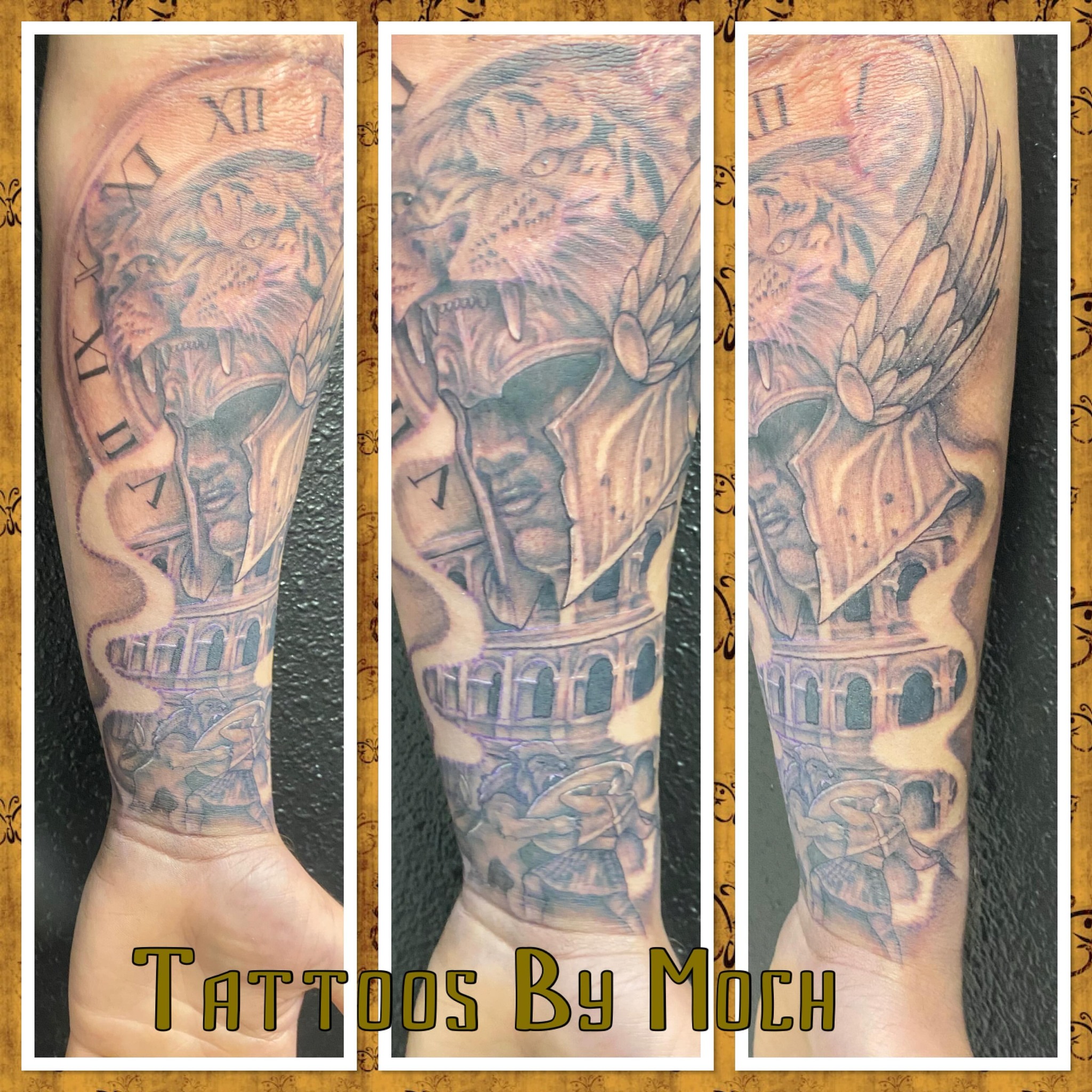 Gladiator and arena realism tattoo on the forearm by Tattoos By Moch, Toledo, Ohio