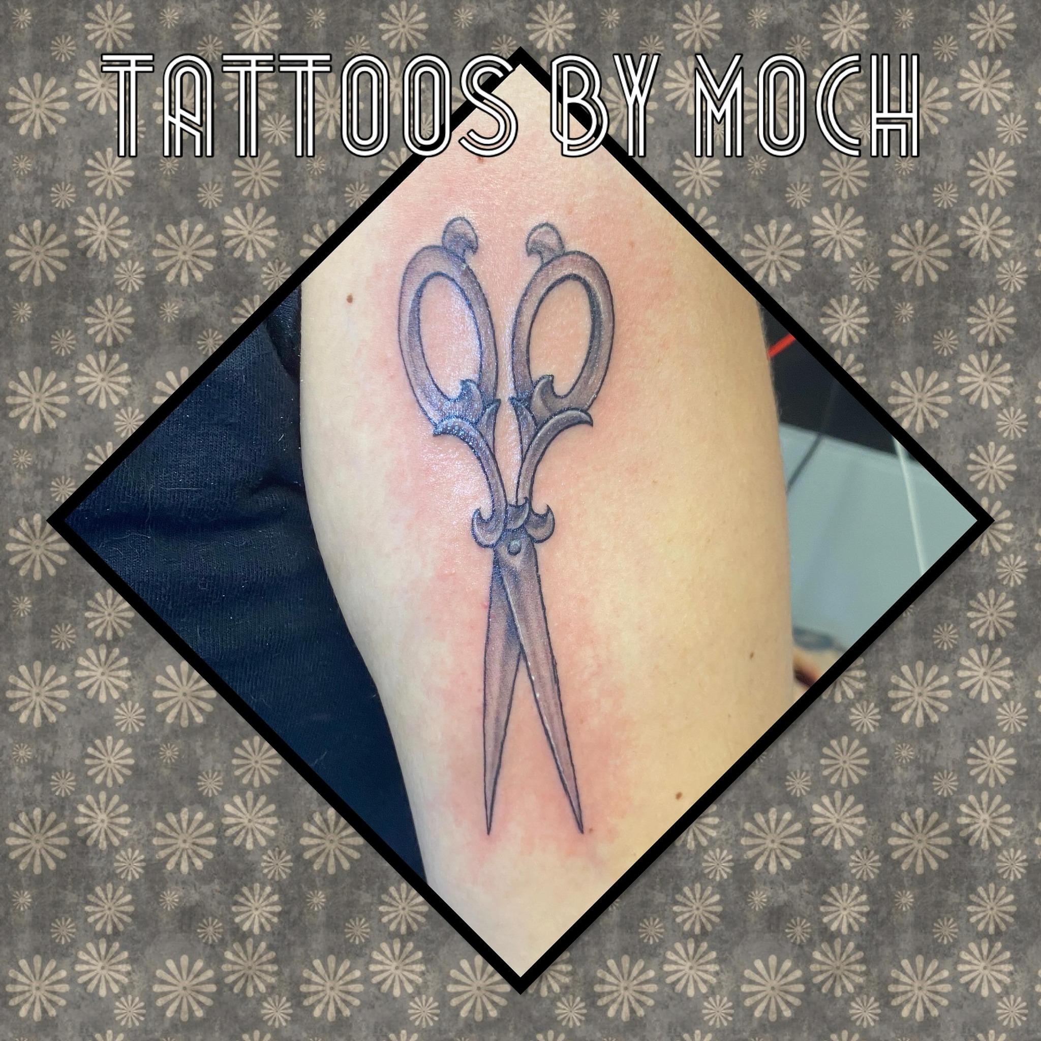 Scissors black and grey tattoo on the forearm by Tattoos By Moch, Toledo, Ohio