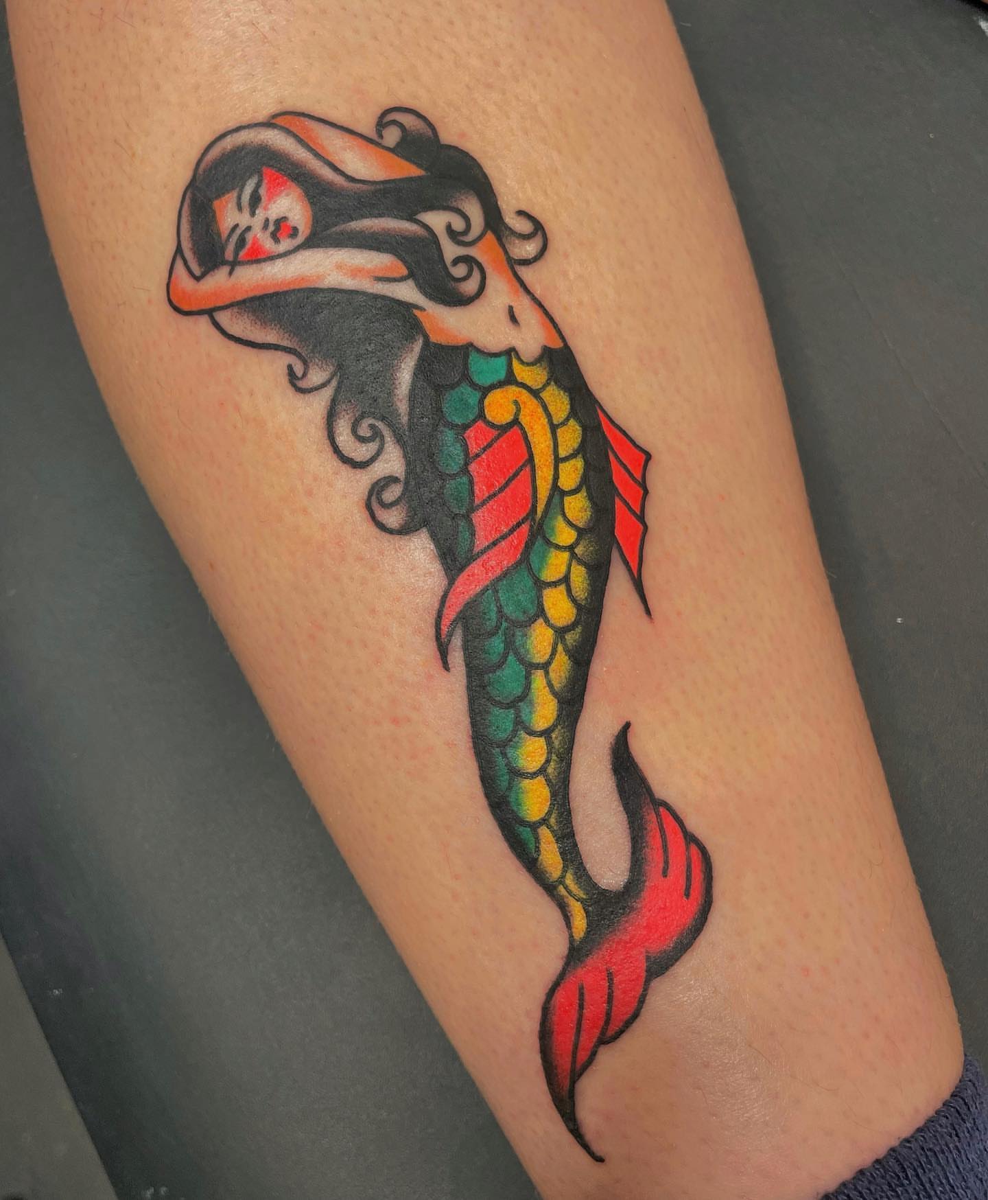 Mermaid American traditional tattoo on the forearm by nancy❣️