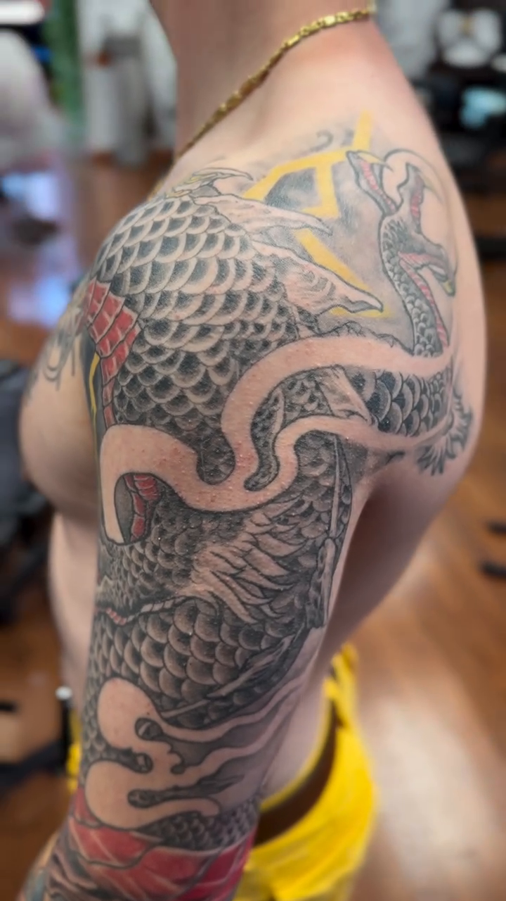 Dragon and lotus sleeve japanese irezumi tattoo by Hori Shit
