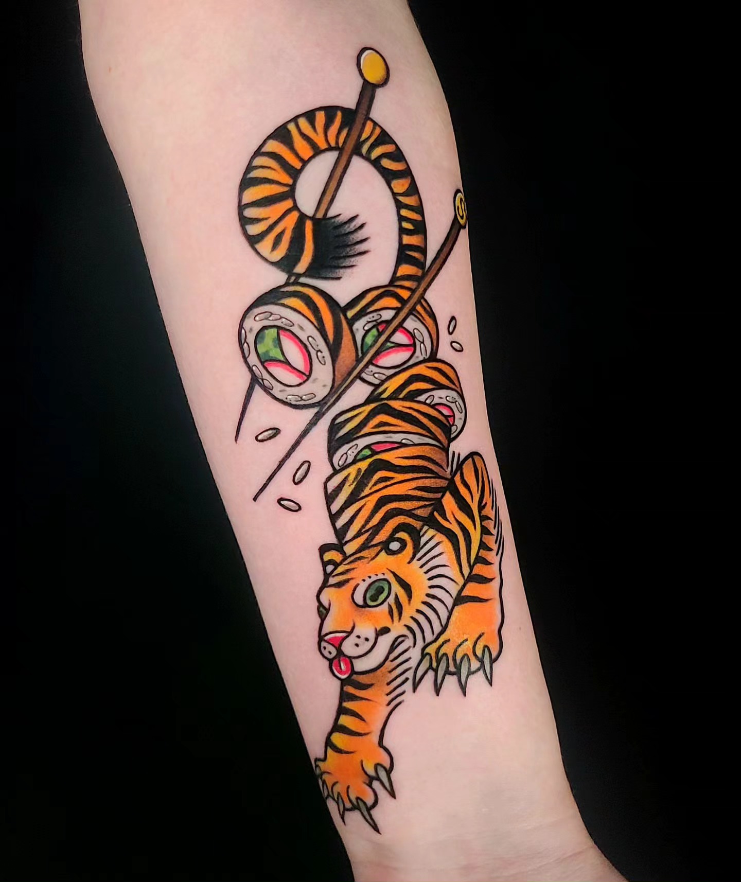 Tiger American traditional tattoo on the forearm by Chloe🌿Tattoos