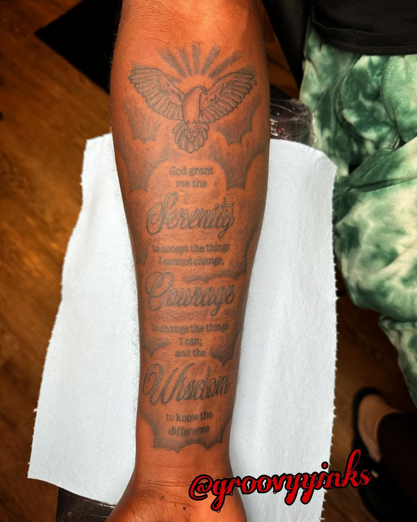 Serenity prayer black and grey tattoo on the forearm by groovyyinkss