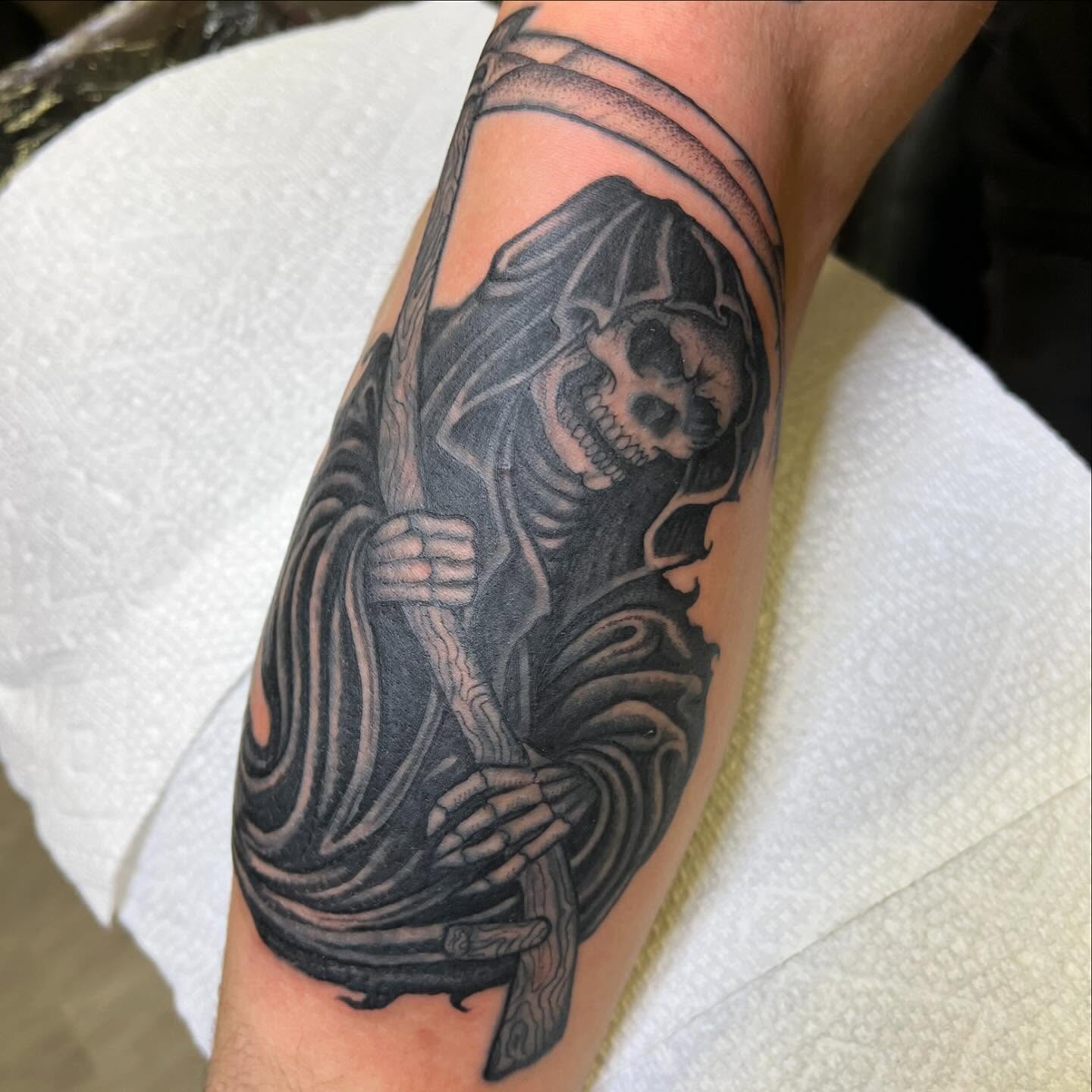 Grim reaper realism tattoo on the forearm by ⛓ Emily ⚔️ Milja ⛓
