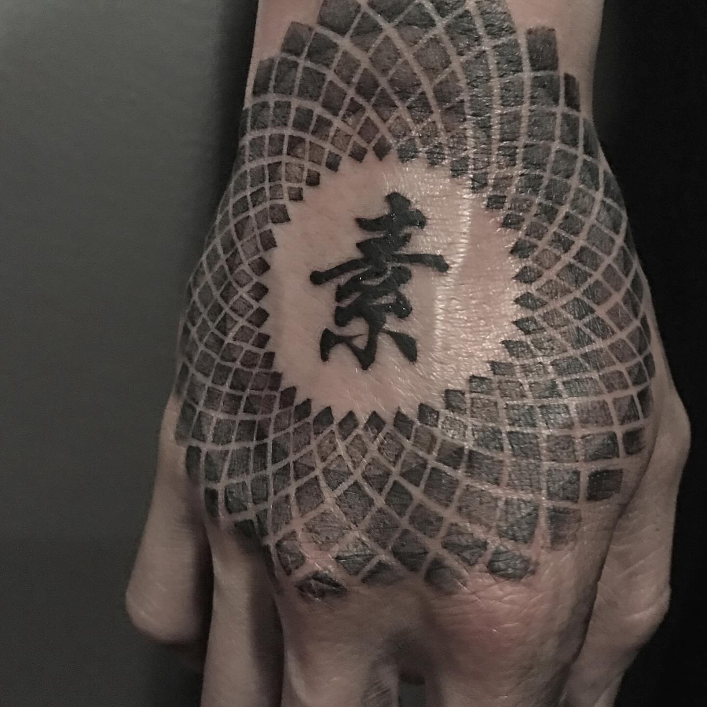 Mosaic pattern with kanji dotwork tattoo on the hand by G̵̨̗̗̈̅̓́͡ĕ̸̡̜̫̾̌̎̈͠ë̷̢̳̤̰̗͈̃͌͒̚͞