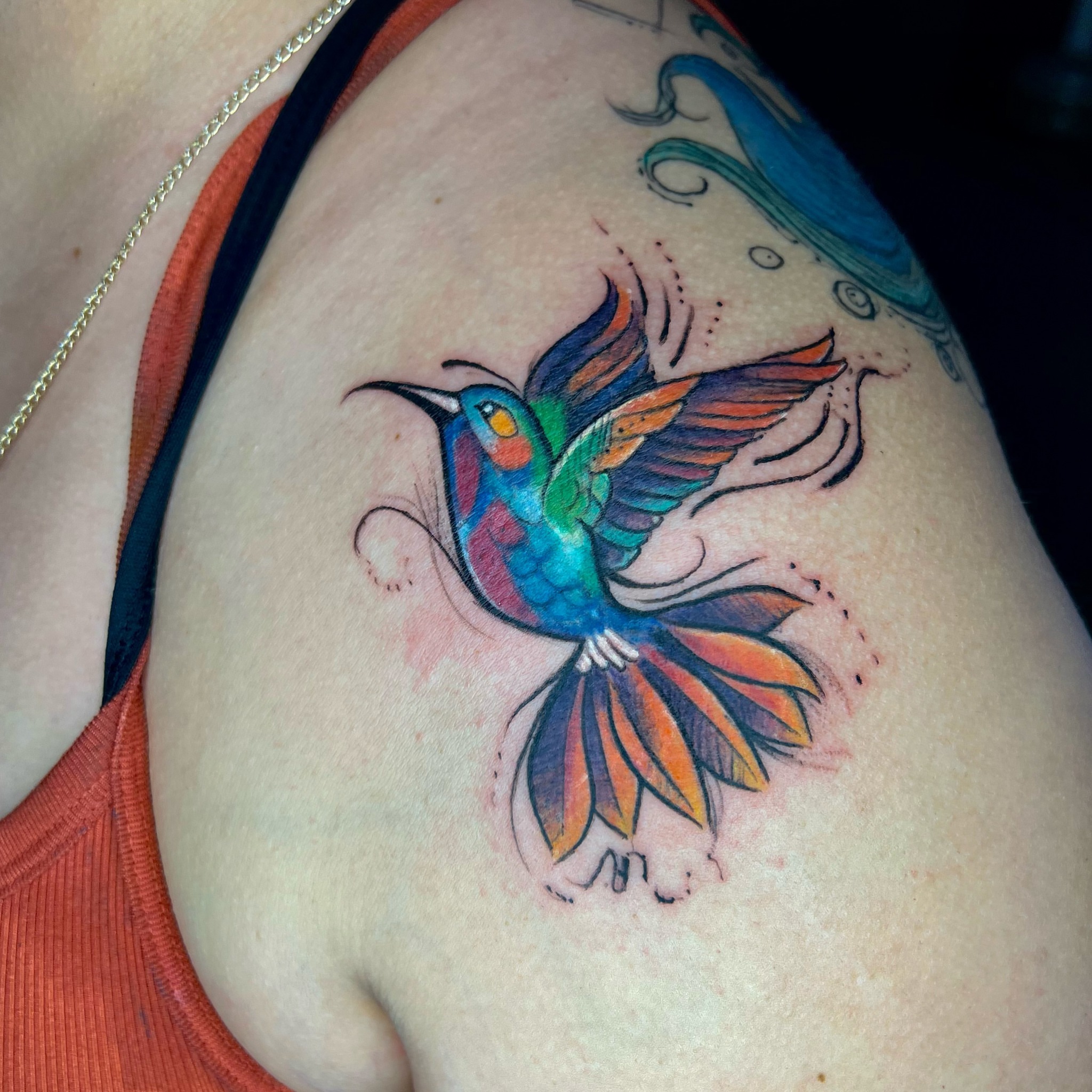 Hummingbird new school tattoo on the shoulder by JT Ink