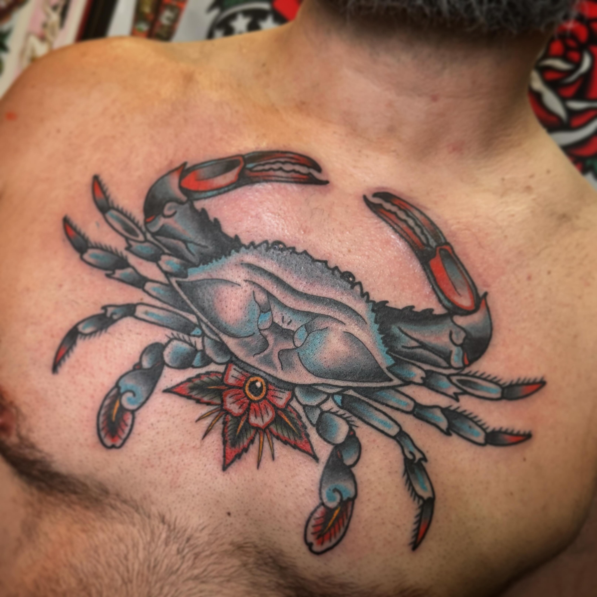 Crab American traditional tattoo on the chest by Drew McElveney, Austin, Texas