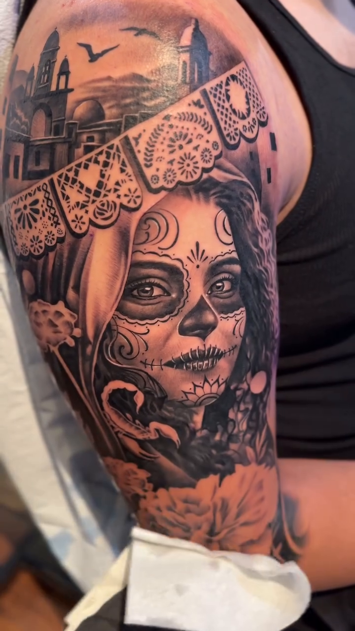 Day of the Dead woman realism tattoo by 𝐉𝐨𝐧 𝐒𝐚𝐧𝐭𝐨𝐬