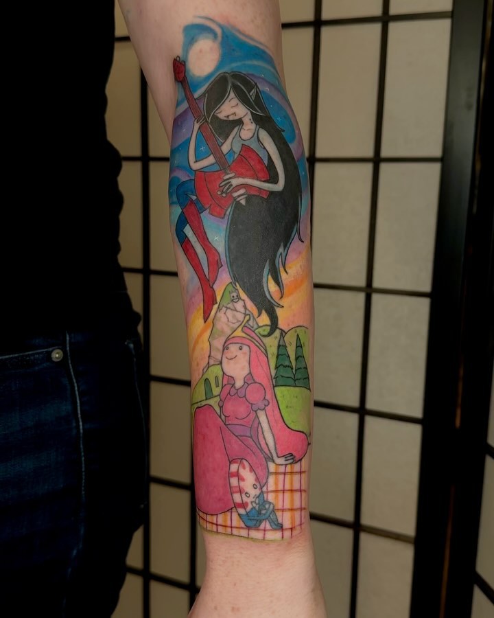 Musician and character illustrative tattoo on the forearm by jordyn ๐ญ