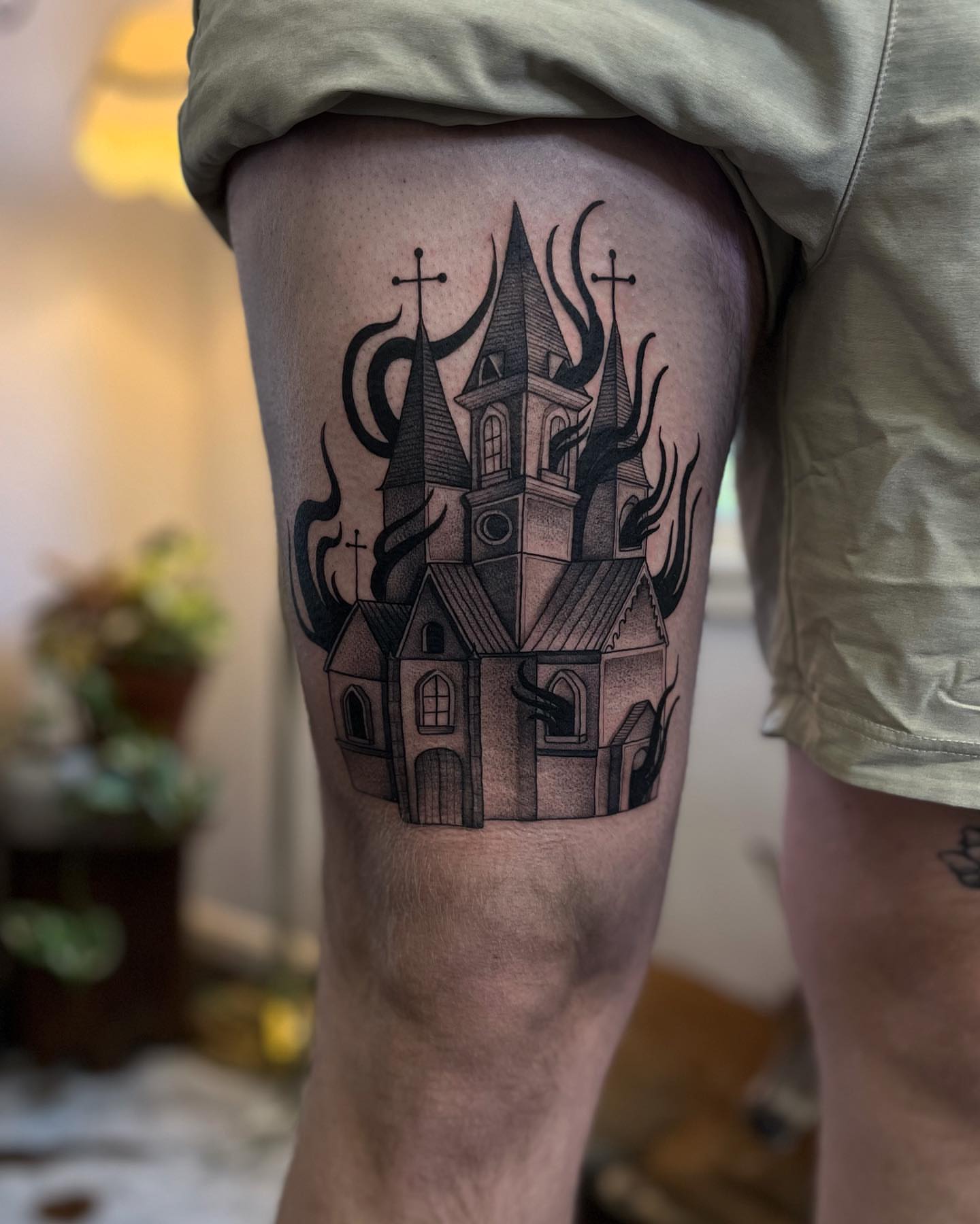 Church black and grey tattoo on the thigh by ✣ Liz Karn ✣