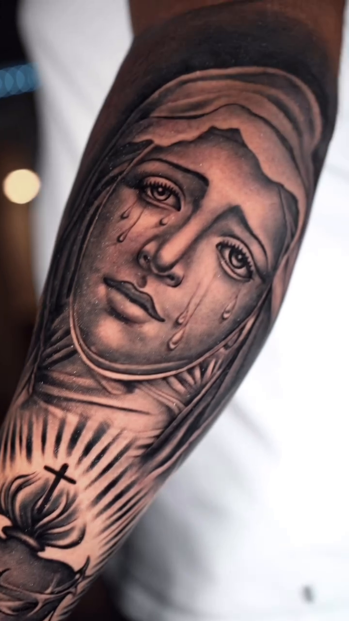 Virgin Mary and Sacred Heart realism tattoo by Ricardo javier Gil, Dallas, Texas