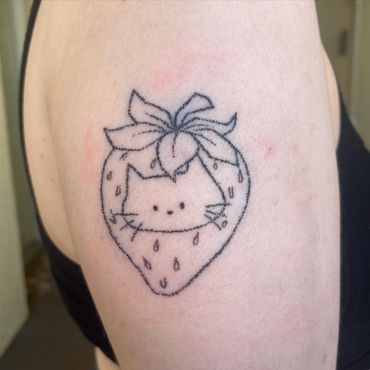 Strawberry cat dotwork tattoo on the thigh by hana