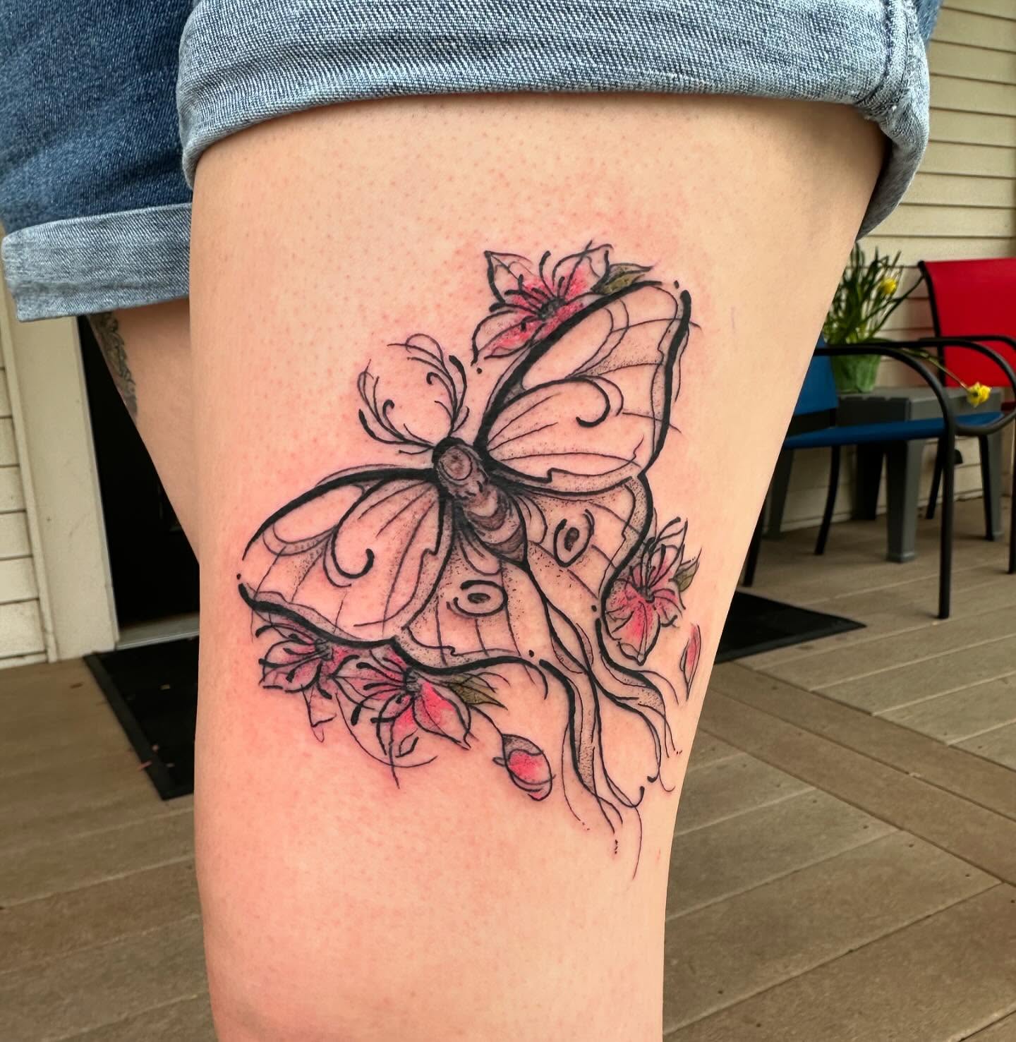 Butterfly and flowers dotwork tattoo on the thigh by manda, Lebanon, Ohio