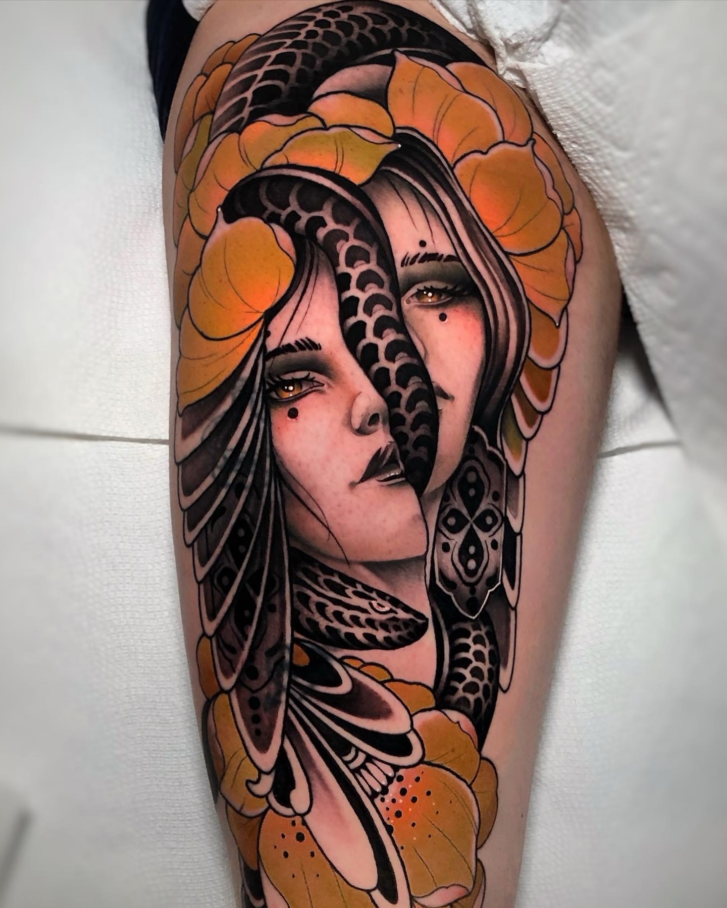 Woman with floral headdress realism tattoo on the forearm by Aitor Arie, Roseville, California
