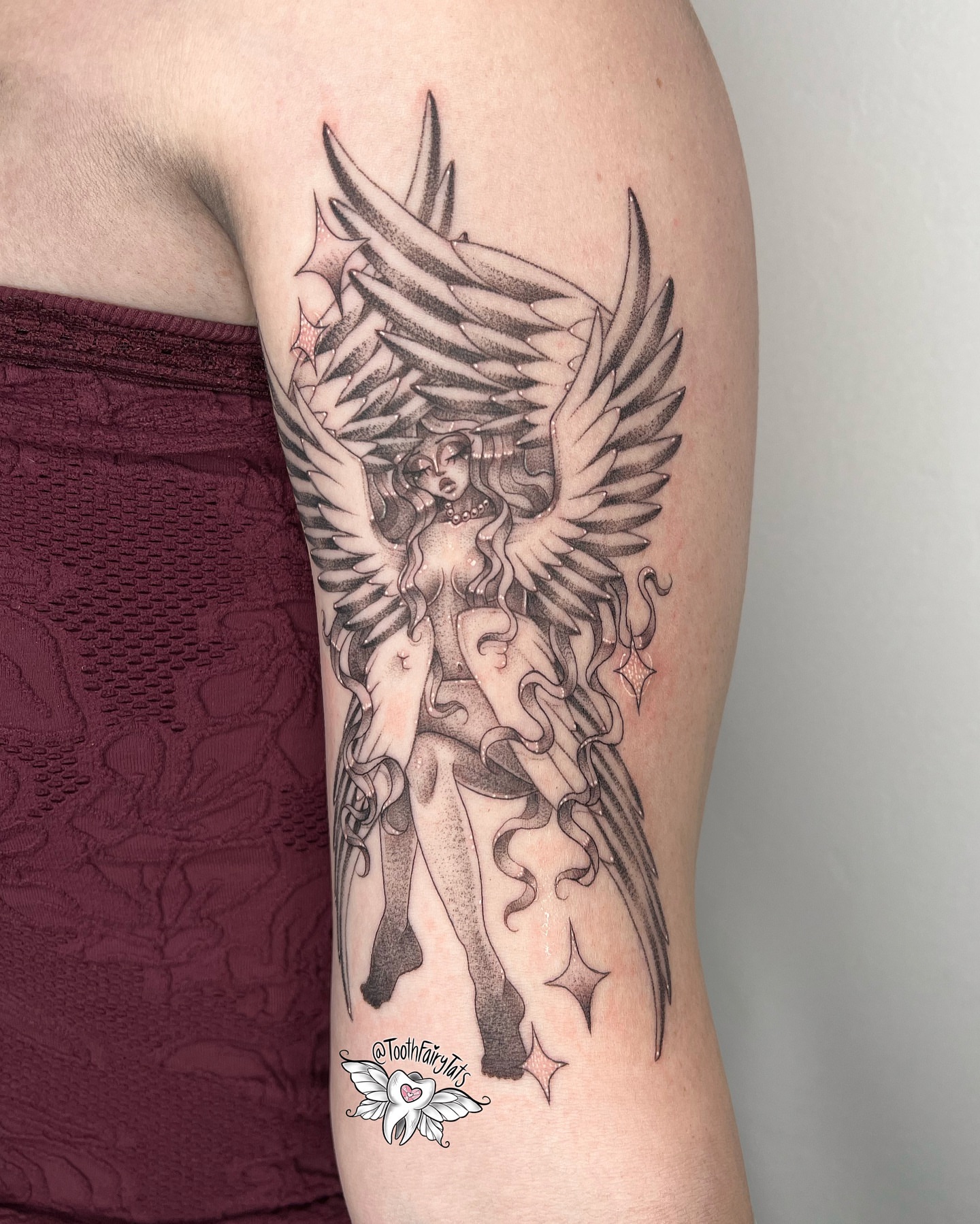 Tattoo by @toothfairytats — dotwork, black_and_grey
