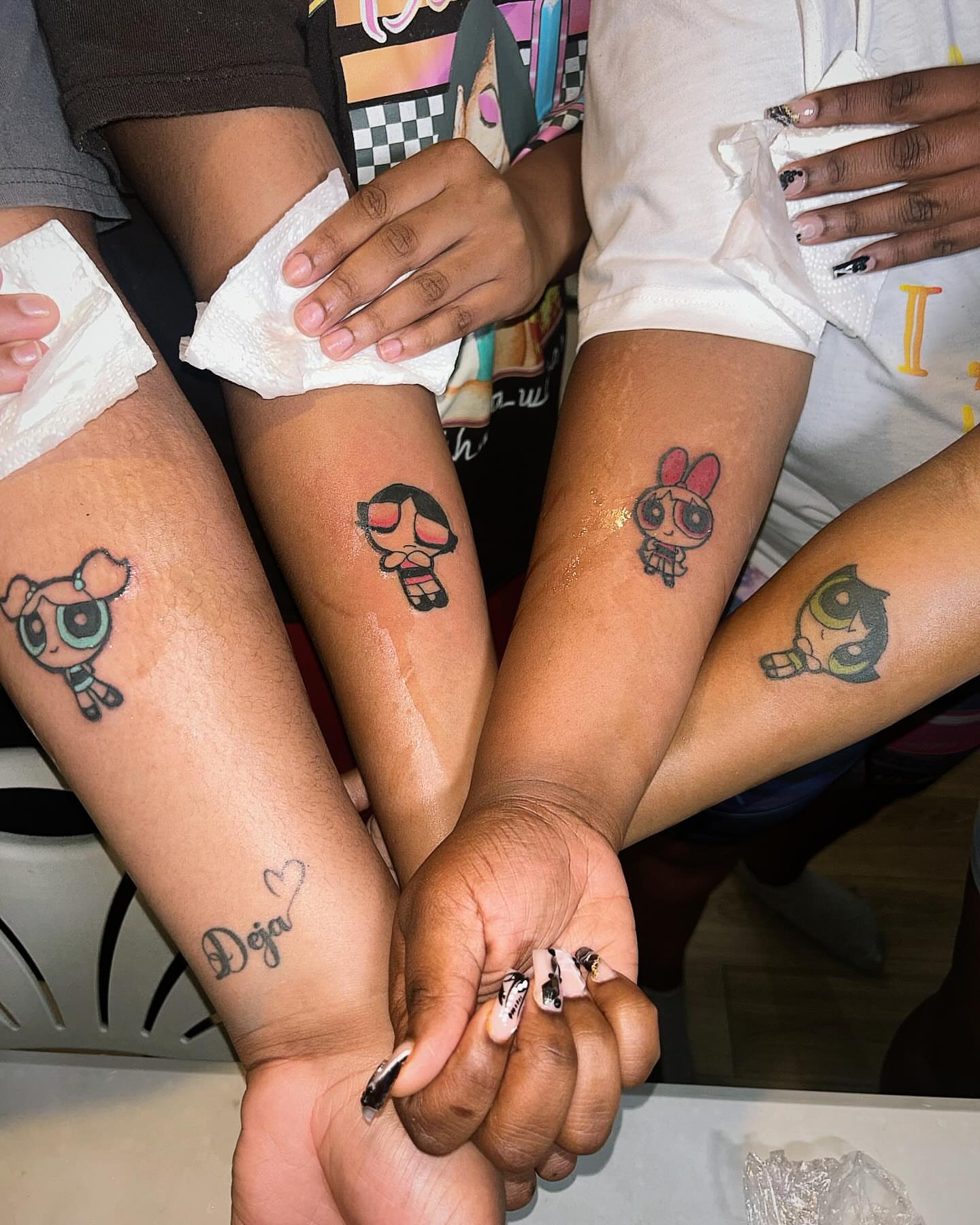 Powerpuff Girls dotwork tattoo on the forearm by Chieftats614π₯