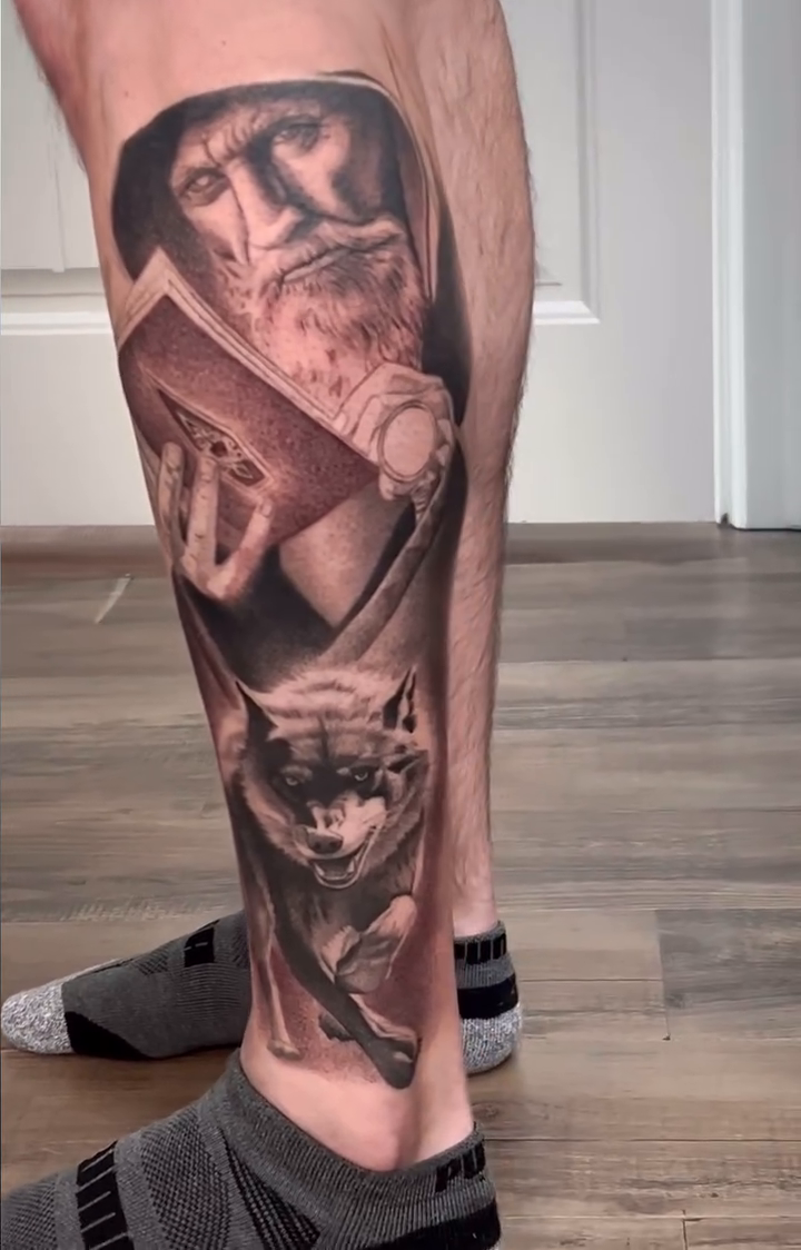 Man and wolf realism tattoo by John Perez