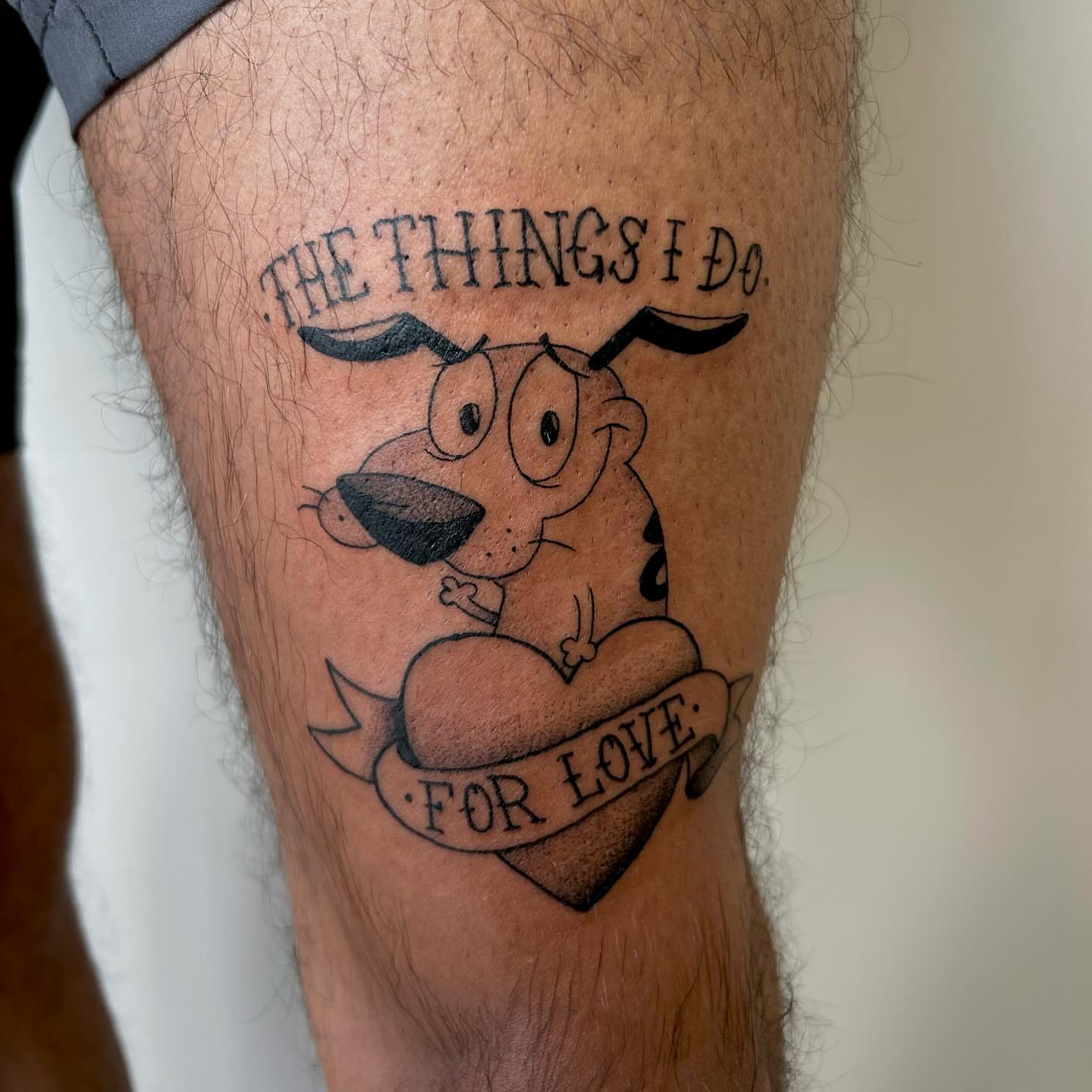 The things i do black and grey tattoo on the thigh by 𝕯𝖆𝖓𝖎