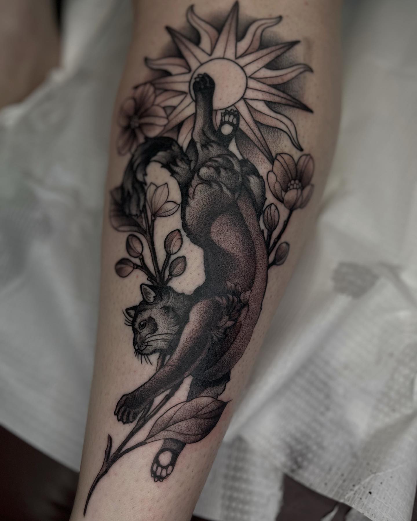 Bear and sun dotwork tattoo on the forearm by ✣ Liz Karn ✣