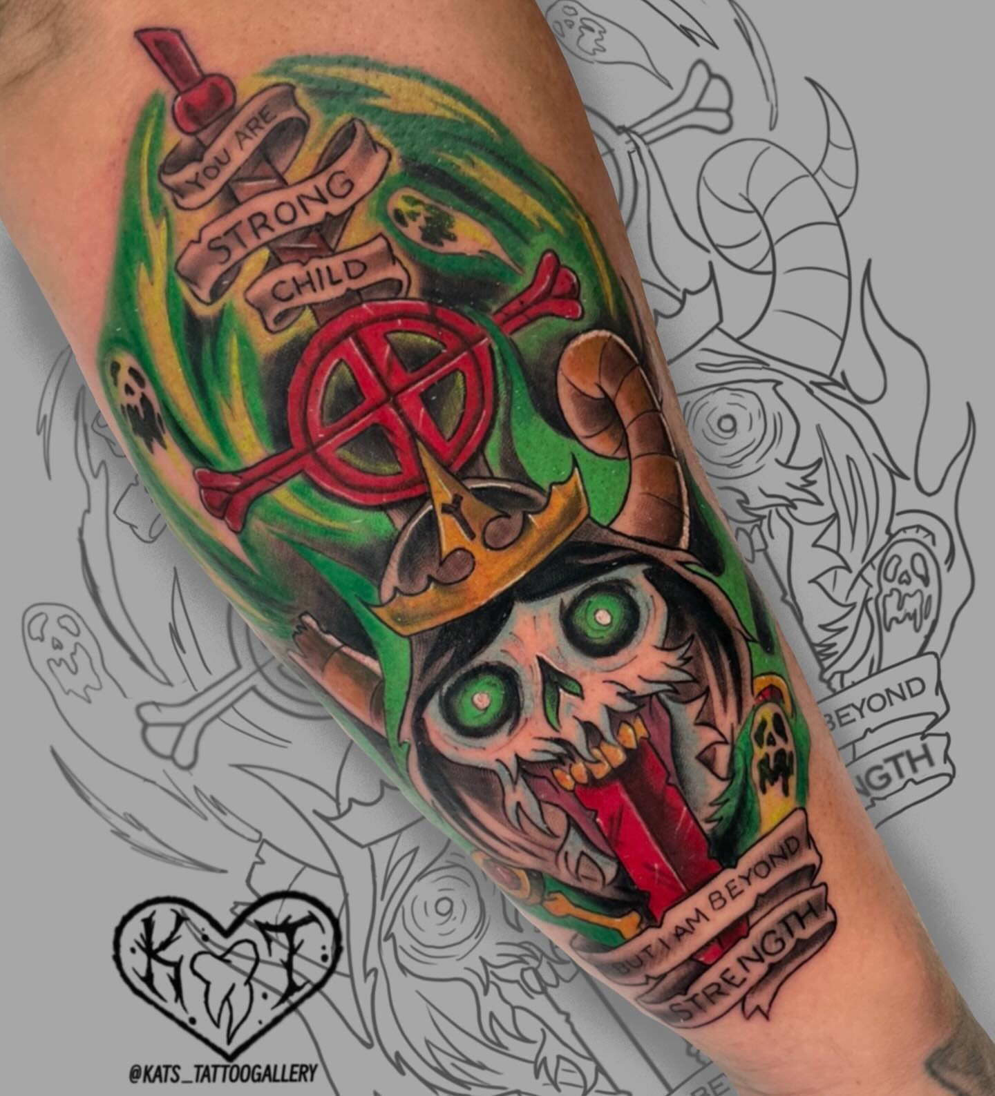 Skull with horns dark realism tattoo on the forearm by Kathryn the Tooth Collector