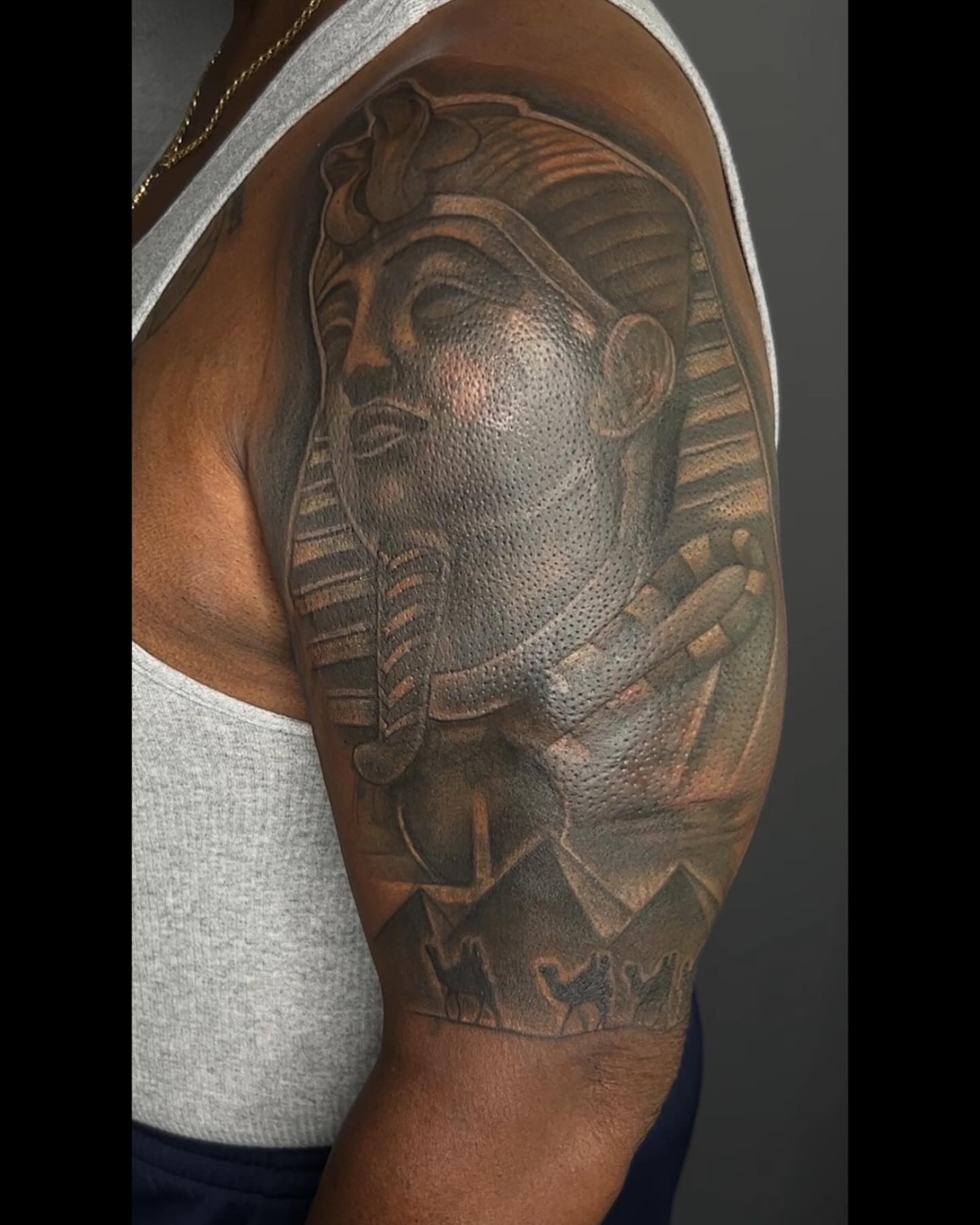 Pharaoh realism tattoo on the shoulder by Taylor Steckman