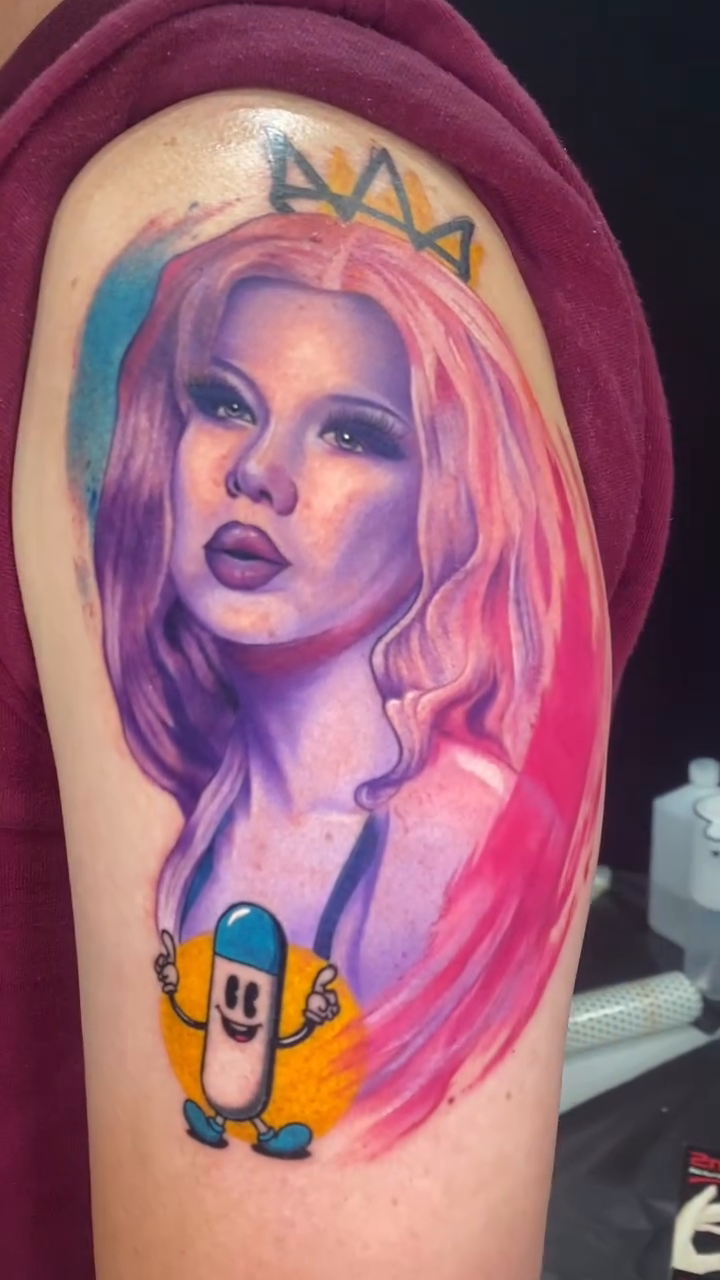 Woman with hot dog character realism tattoo by Chelsey Moore, Albuquerque, New Mexico