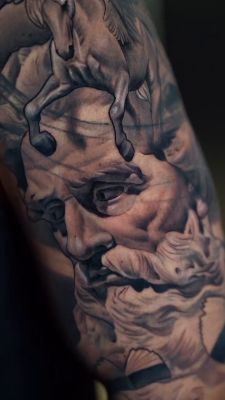 Greek god with horses realism tattoo by J O S S I e L P I N e D A