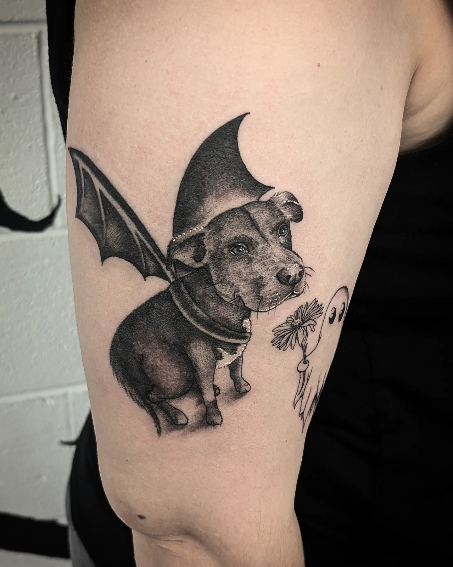 Pitbull with wings realism tattoo on the forearm by Krista Mc