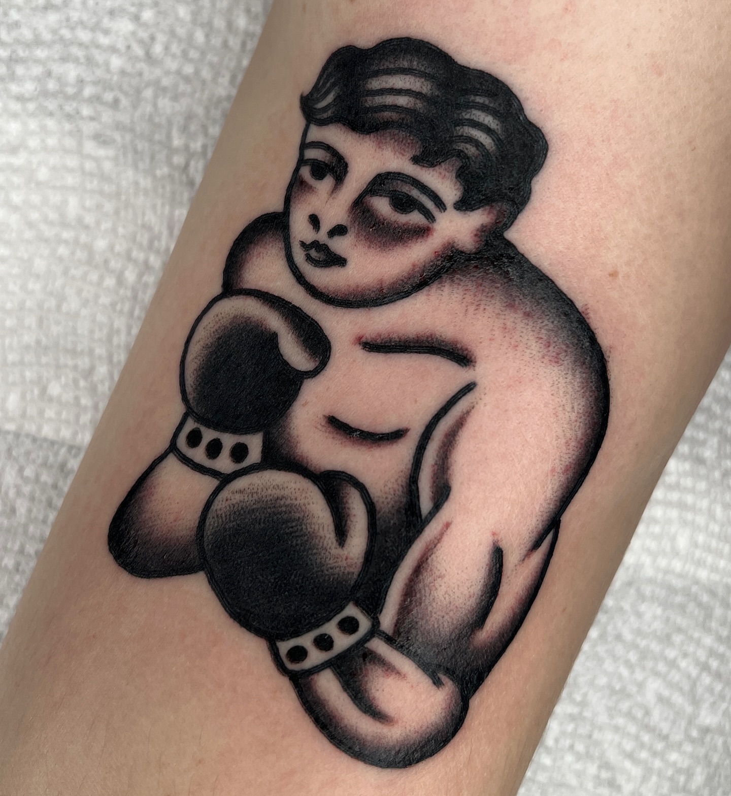 Sumo wrestler American traditional tattoo on the forearm by Ian Jett