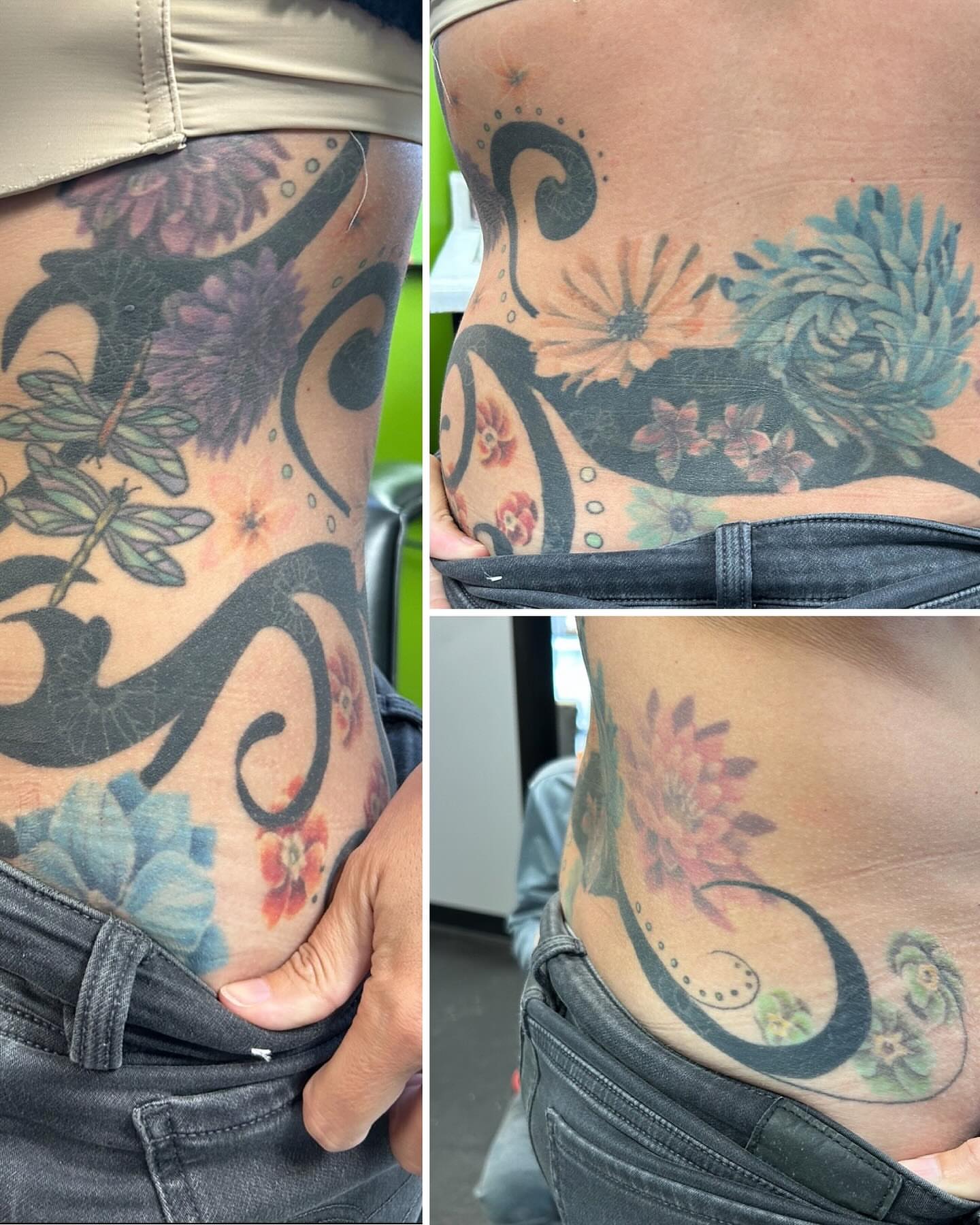 Floral and dragonfly American traditional tattoo on the thigh by B Hendrix, Cuyahoga Falls, Ohio