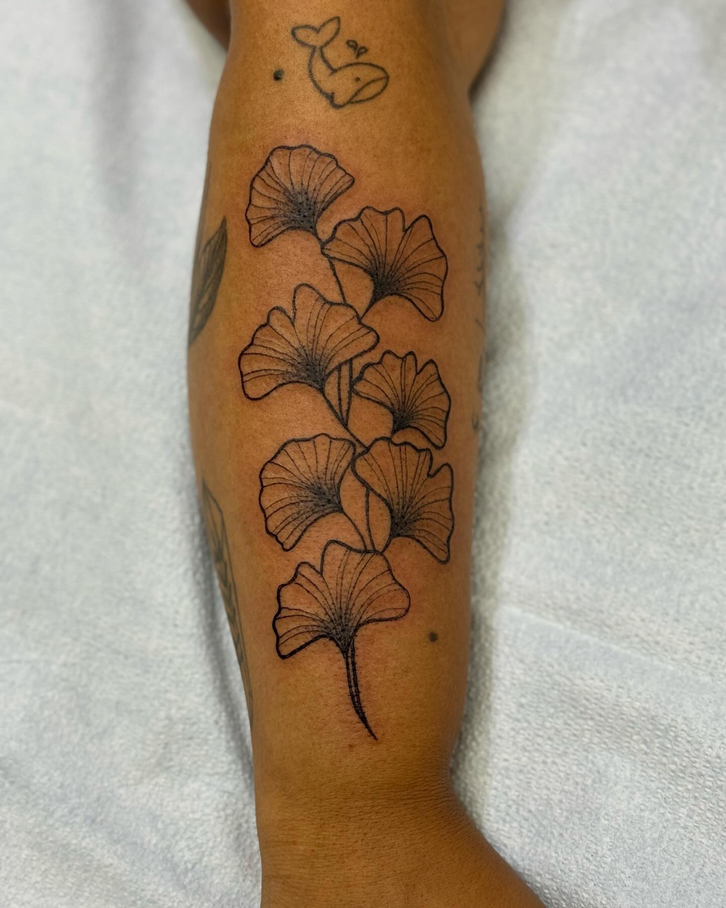 Gingko leaves black and grey tattoo on the forearm by Marissa Losier