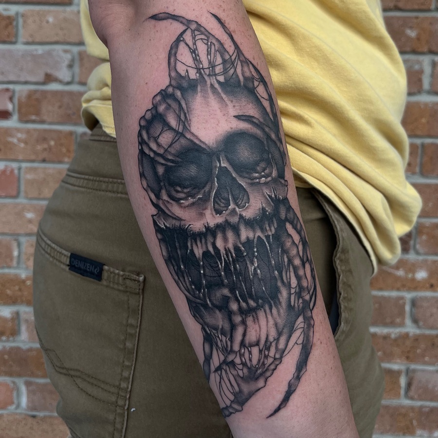 Skull realism tattoo on the forearm by Myla Jane, Houston, Texas