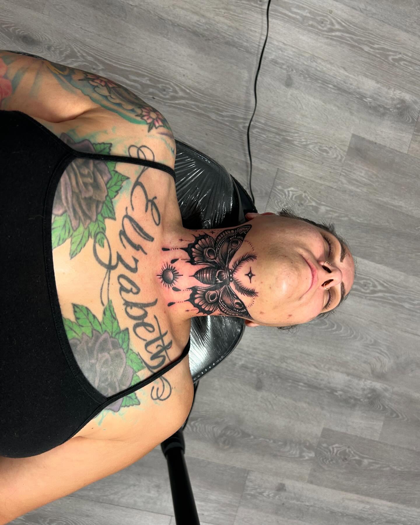 Name tattoo American traditional tattoo on the chest by Alyssa Turner